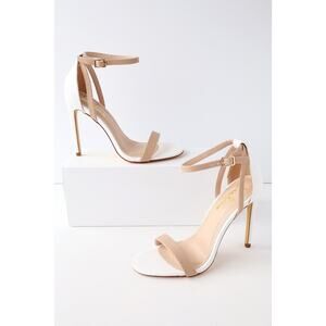Lulus Sila Snake Ankle Strap Heels Size 8 White and Light Tan Nude Stilettos